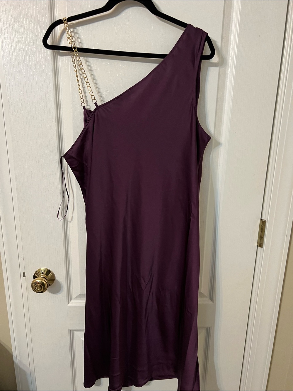 Elegant One-Shoulder Plum Dress with Gold Chain Strap